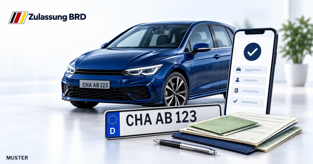 Online Fahrzeugzulassung in Bad Kötzting: Musterkennzeichen CHA AB 123, Auto und Fahrzeugpapiere und Smartphone. Illustration mit Logo von Zulassung BRD.